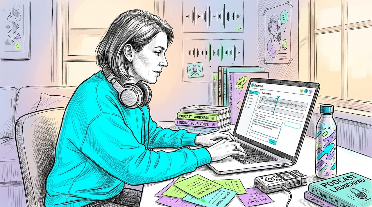 Podcaster editing episode details in home office