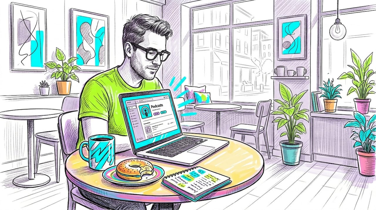 Man browsing podcasts at kitchen table