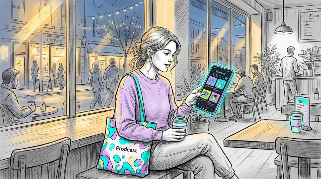 Listener browsing podcast app on train