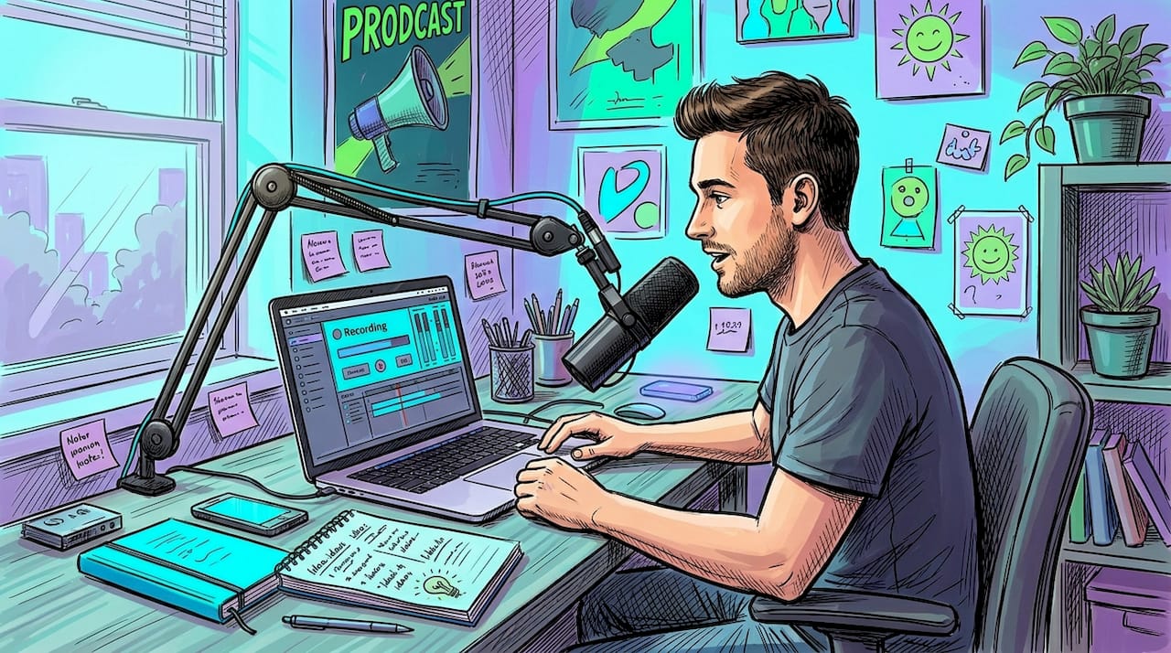 Podcaster recording in home office studio