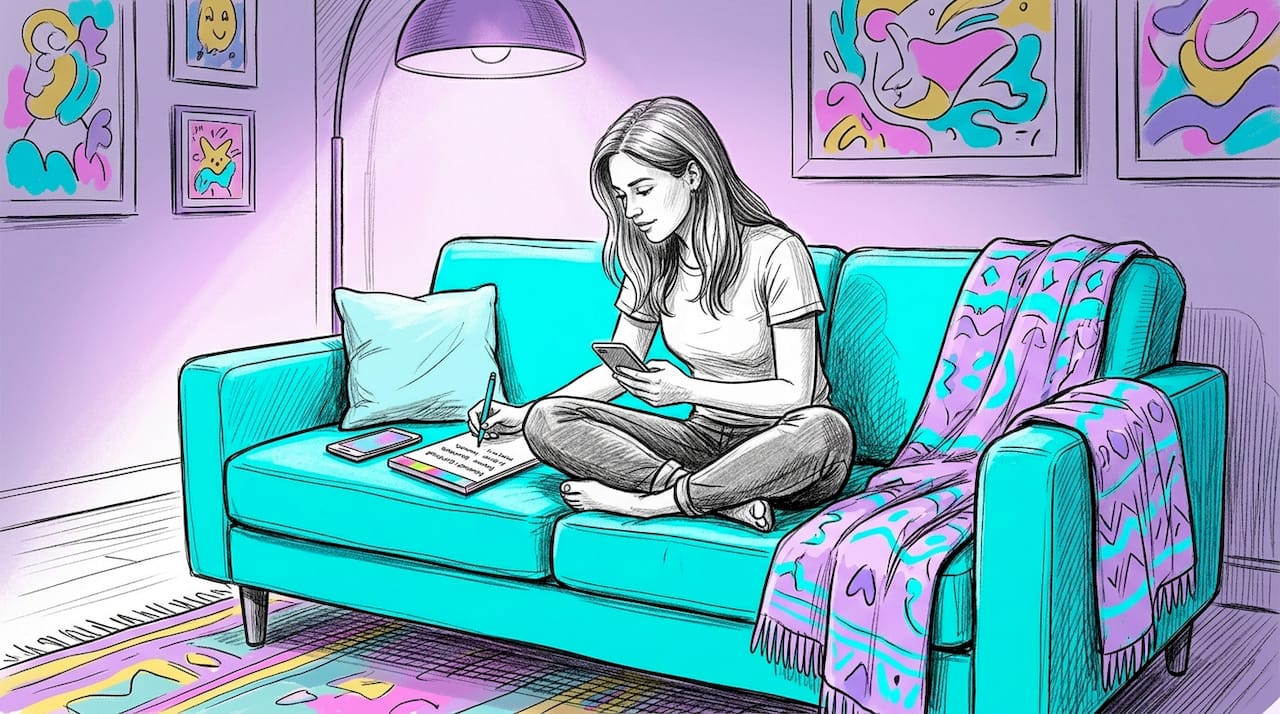 Podcaster reading listener questions on couch