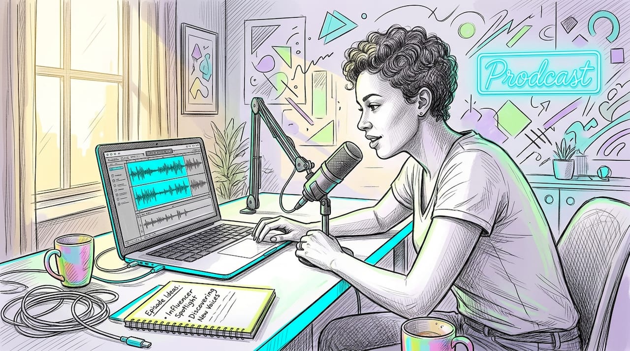 Podcaster recording in cozy sunlit home office