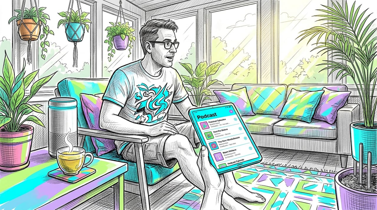 Man using smart speaker to find podcasts