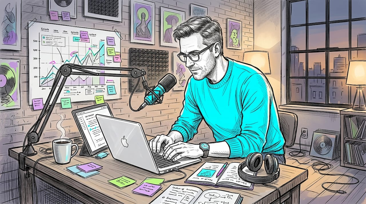 Podcaster planning content in busy home office