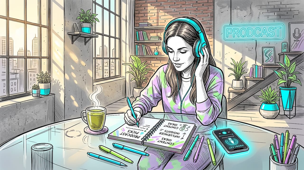 Podcast fan with notebook at kitchen table
