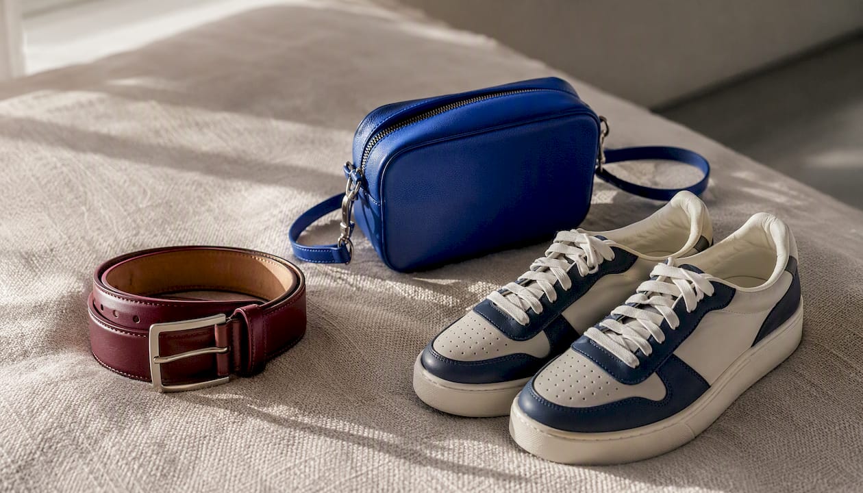 Color-block outfit accessories on neutral background