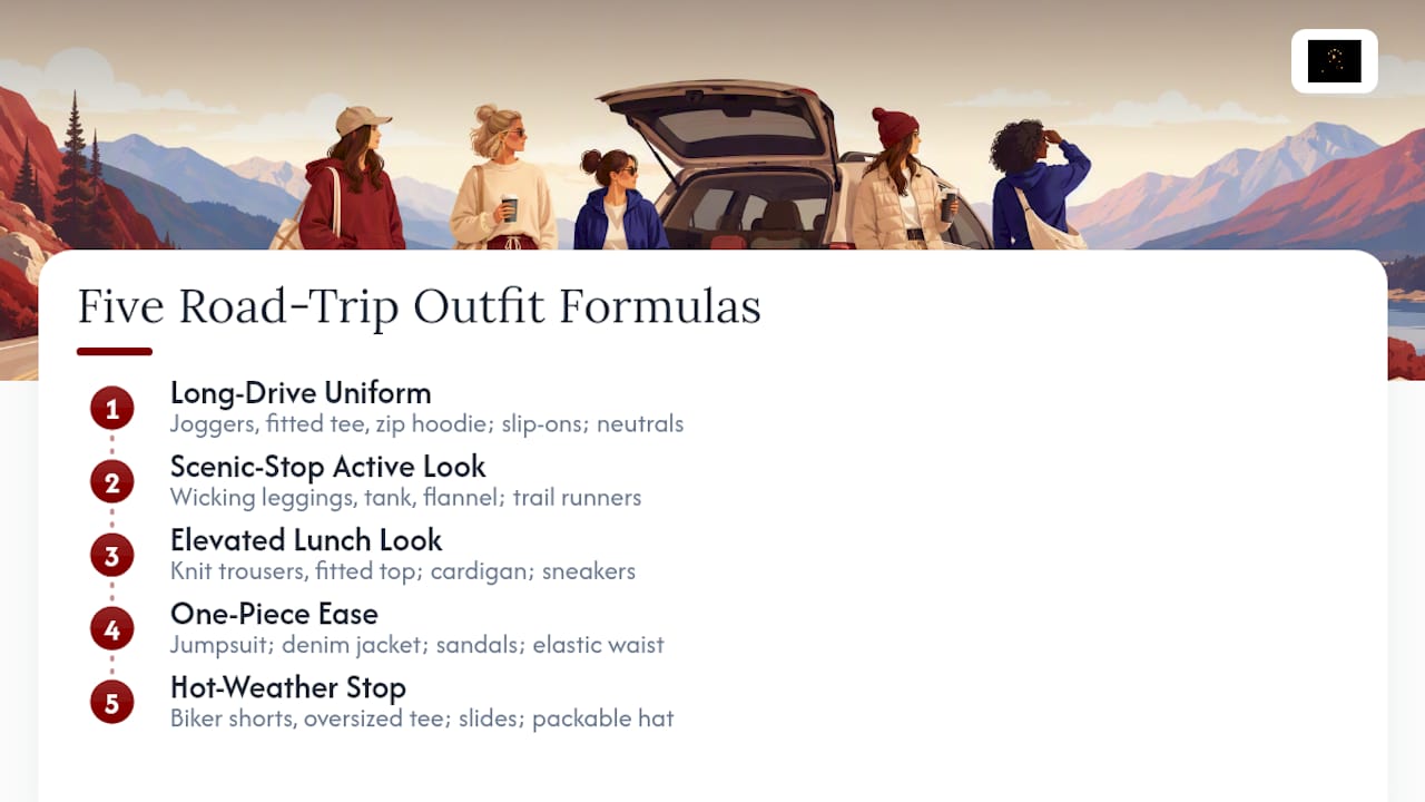 Comparison diagram of five road trip outfit formulas