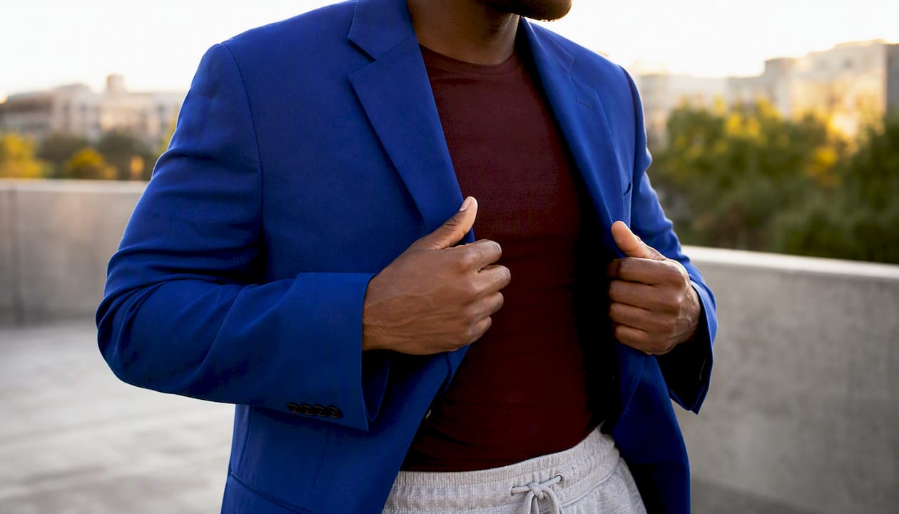 Close-up of styled sweatpants outfit with structured jacket