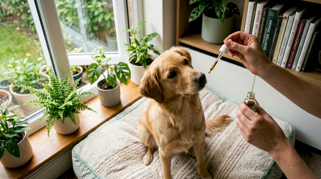 Une main tenant un flacon d’huile de CBD à côté d’un schéma illustrant le fonctionnement du système endocannabinoïde chez le chien.