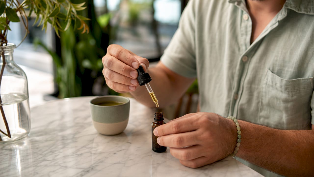 Des mains s’apprêtent à remplir un flacon avec une pipette d’huile de CBD.