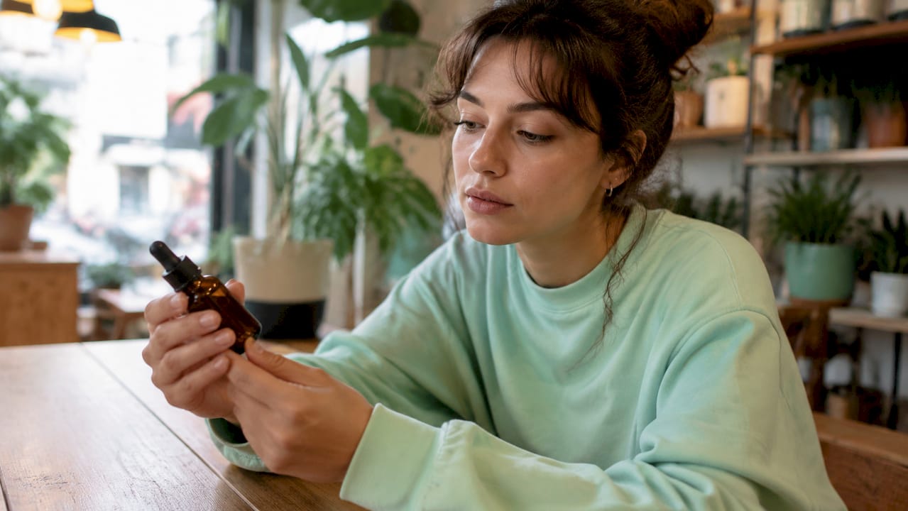 Une personne tient entre ses mains un flacon de complément alimentaire à base de CBD.