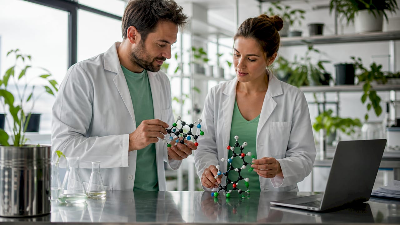 Des mains en train de manipuler des maquettes moléculaires de CBD et de THC