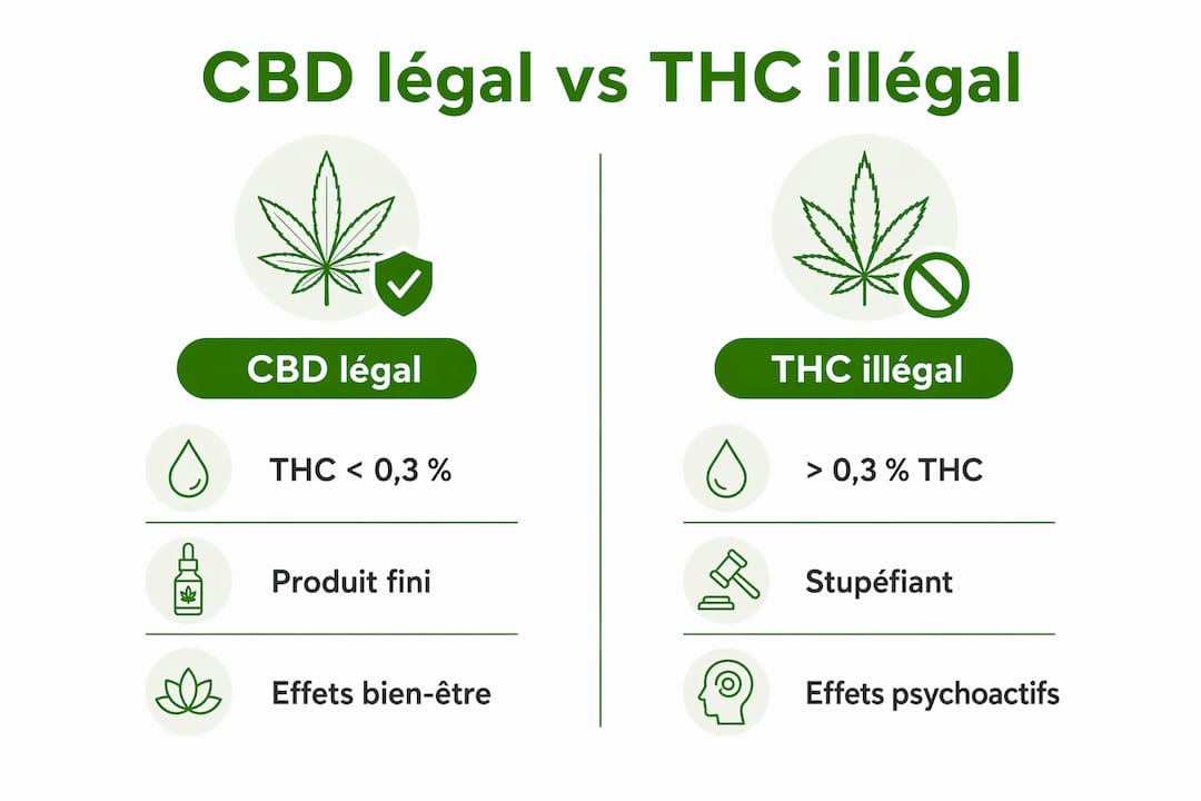 Visuel comparatif : différences entre le CBD autorisé et le THC interdit