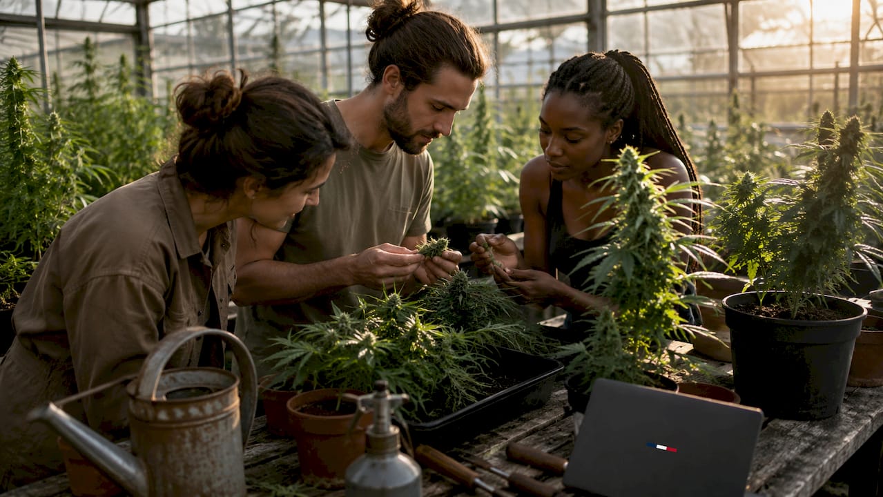 Des mains inspectent de jeunes fleurs de CBD au cœur d’une serre.
