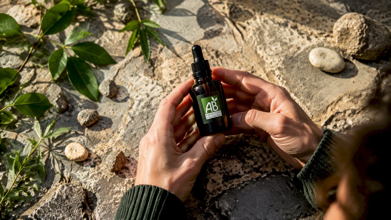 Certification bio CBD : signification et labels officiels 2 On aperçoit des mains tenant un flacon de CBD bio arborant le label AB.