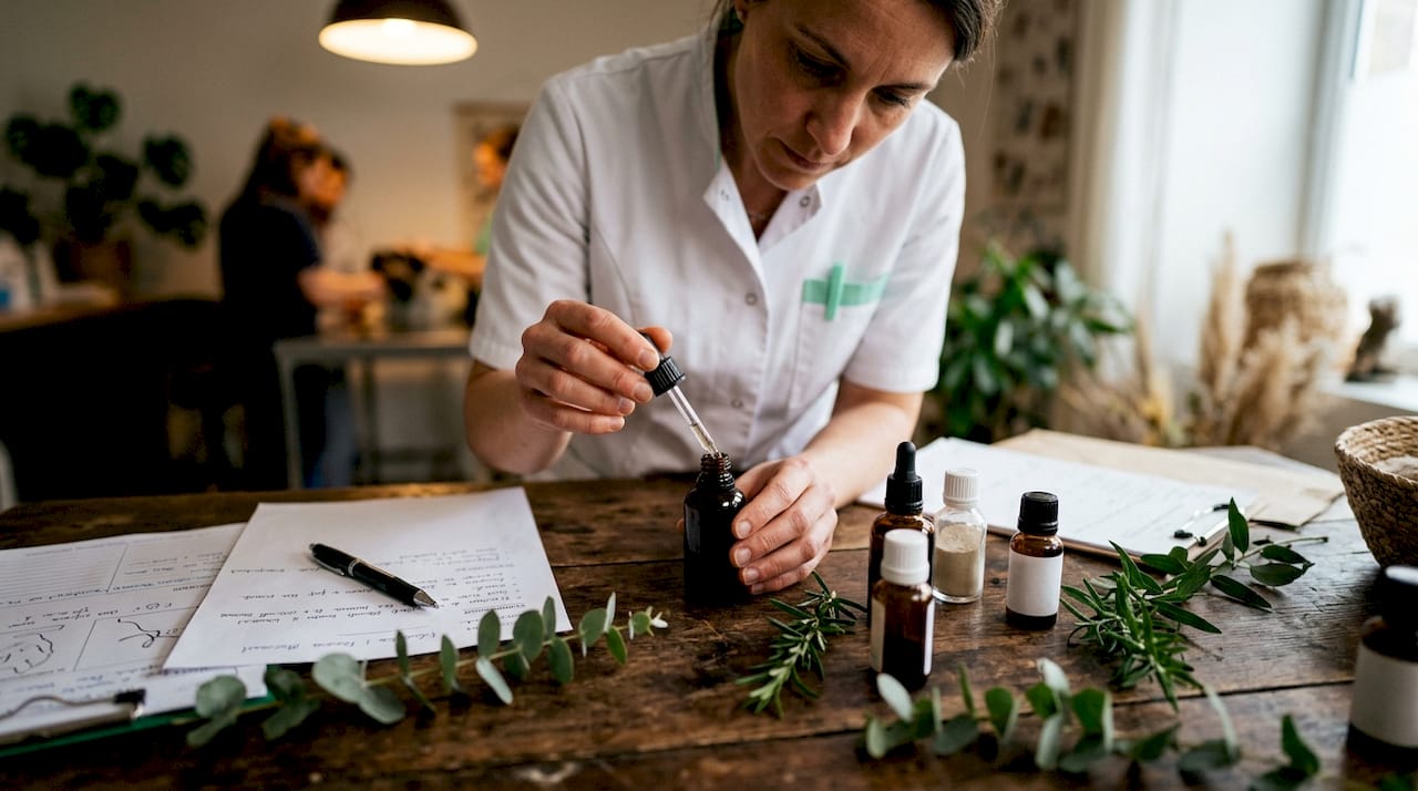 Un vétérinaire prépare des médicaments et de l’huile de CBD, flacons en main.