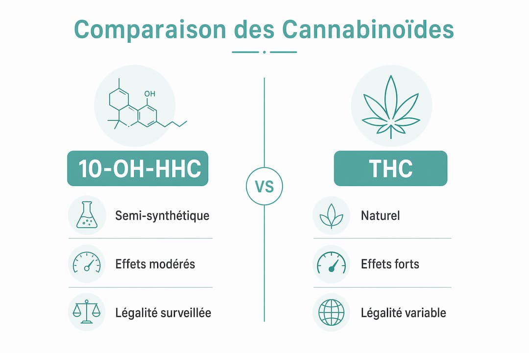 10-OH-HHC : que sait-on vraiment de ce cannabinoïde ? - Pure Extract CBD Comparatif visuel entre le 10-OH-HHC et le THC