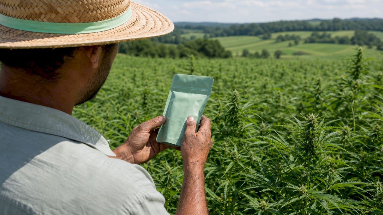 Un exploitant agricole vérifie les informations sur les étiquettes des plants de CBD pour s'assurer de leur conformité.