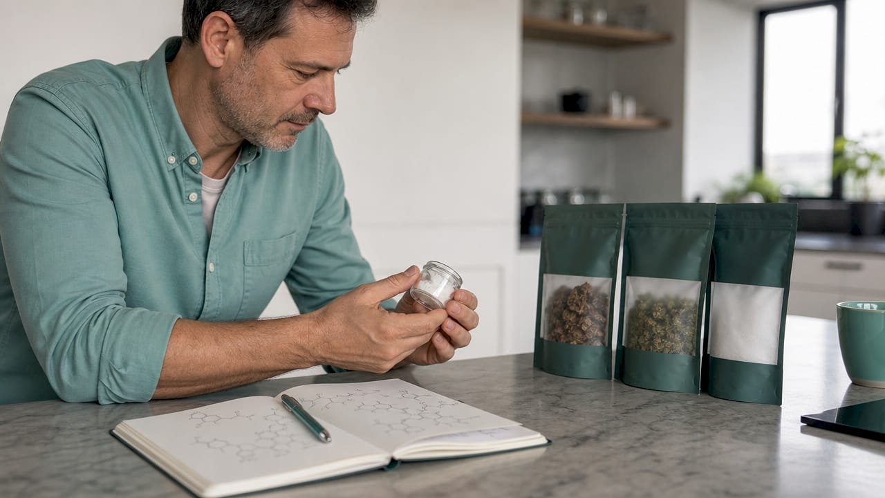 Des mains présentant des cristaux de CBD, accompagnées de senteurs chimiques.