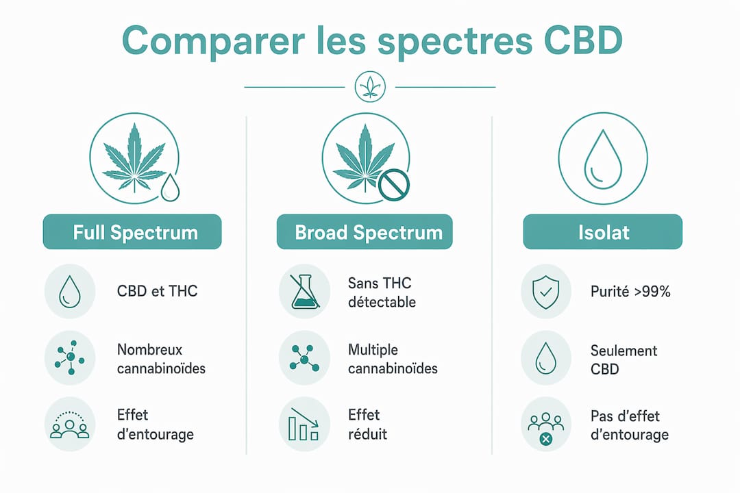 Infographie mettant en lumière les différences entre le CBD full spectrum, broad spectrum et l’isolat
