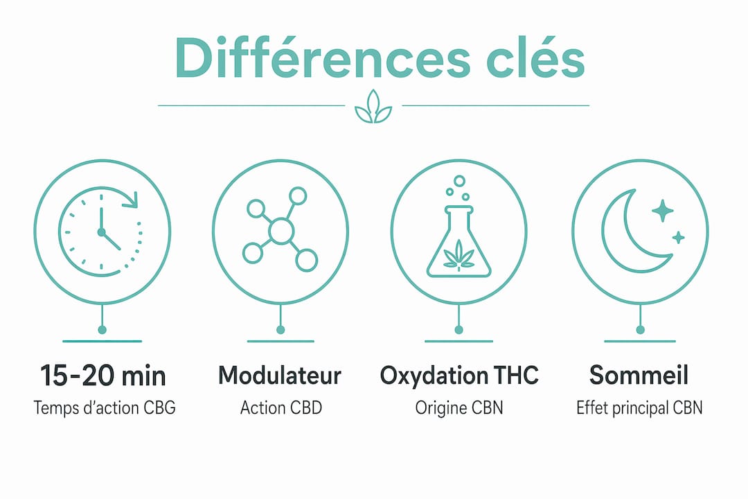 Visuel comparatif pour mieux comprendre les différences entre le CBD, le CBG et le CBN