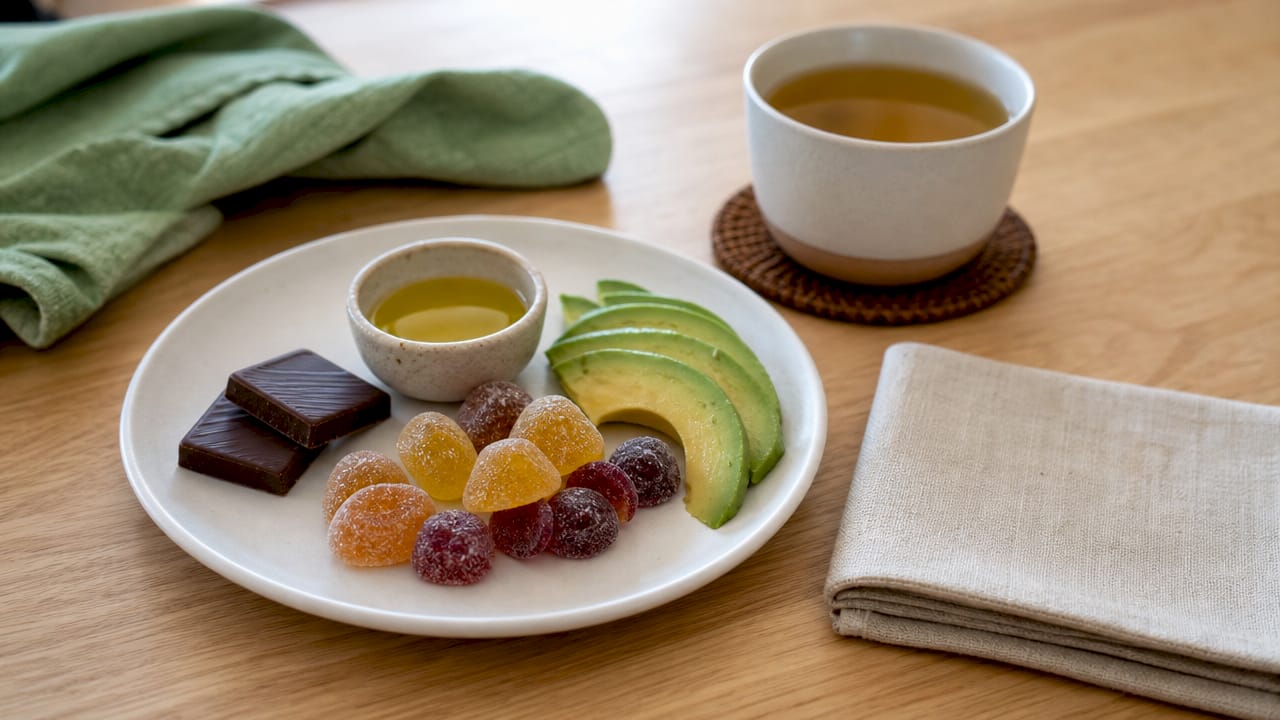 Une assiette gourmande à base de produits comestibles au CBD accompagnés d'aliments riches en matières grasses