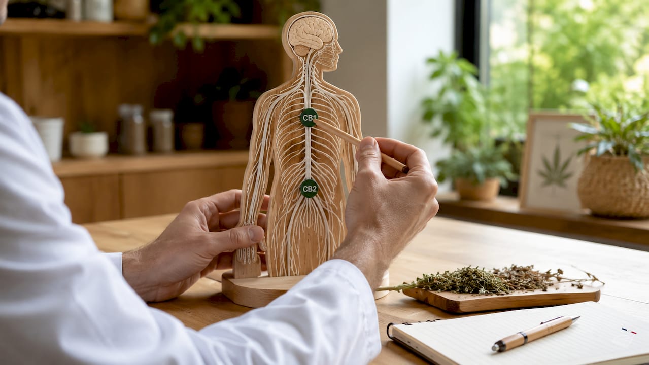 CBD for natural well-being: how it works and its benefits 3 A pharmacist explains, with a diagram, the role and location of CB1 and CB2 receptors.