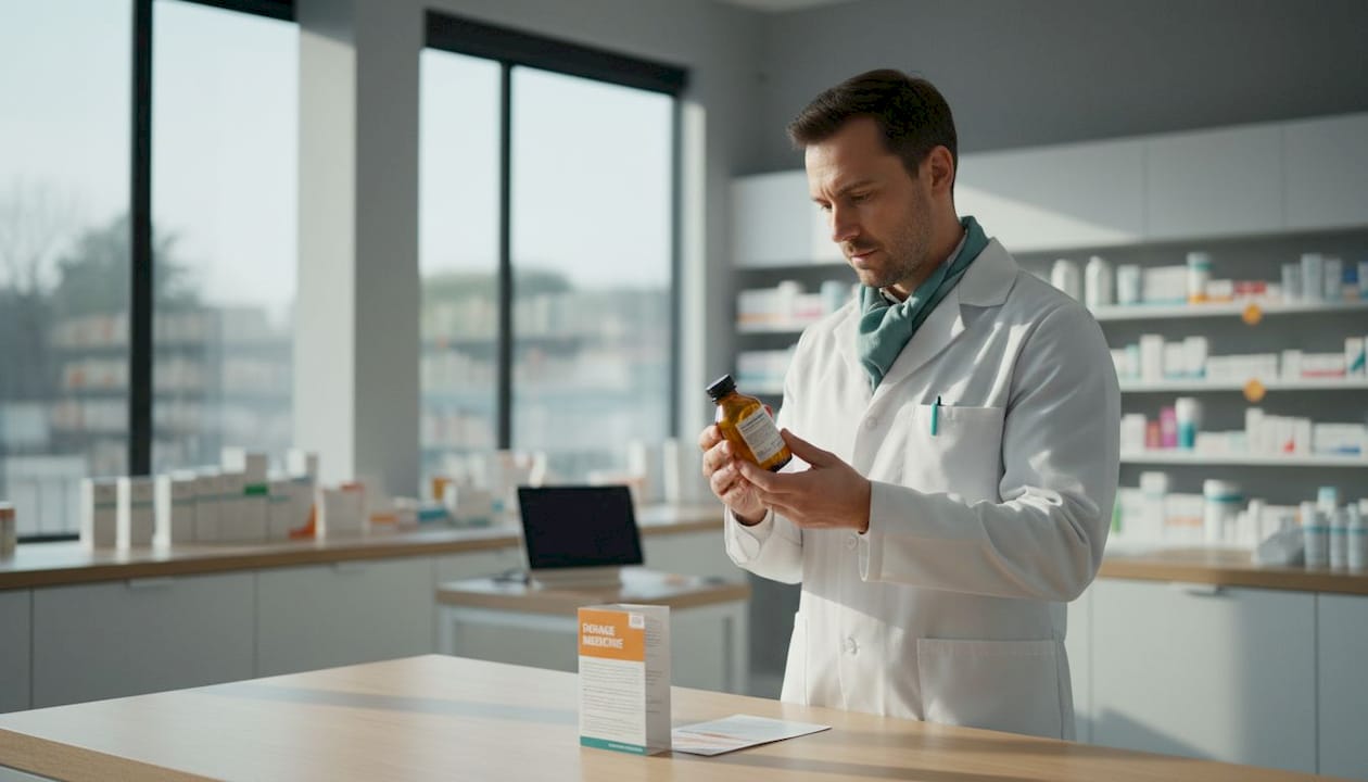 Le mani del farmacista che tengono un foglietto illustrativo