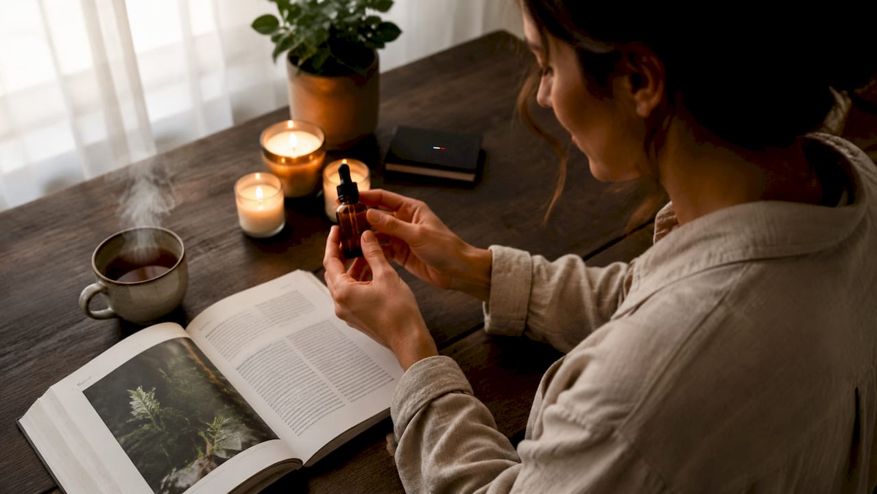CBD zur Stressreduktion: Ein Leitfaden für 2026 2 Eine Person hält eine Flasche CBD-Öl auf ihrem Schreibtisch.