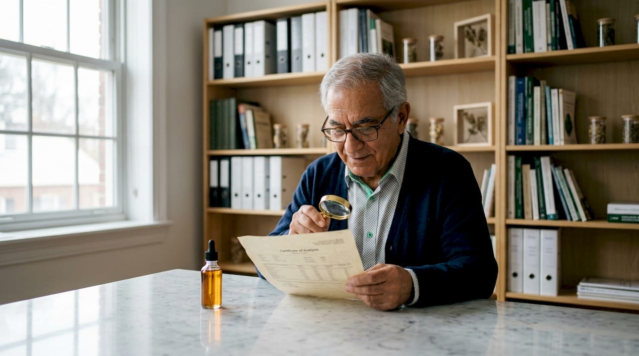 Des mains en train de consulter un rapport d’analyse pour du CBD