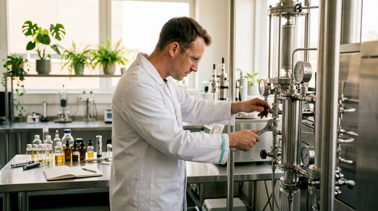 Un technicien en pleine manipulation d’un extracteur de CBD
