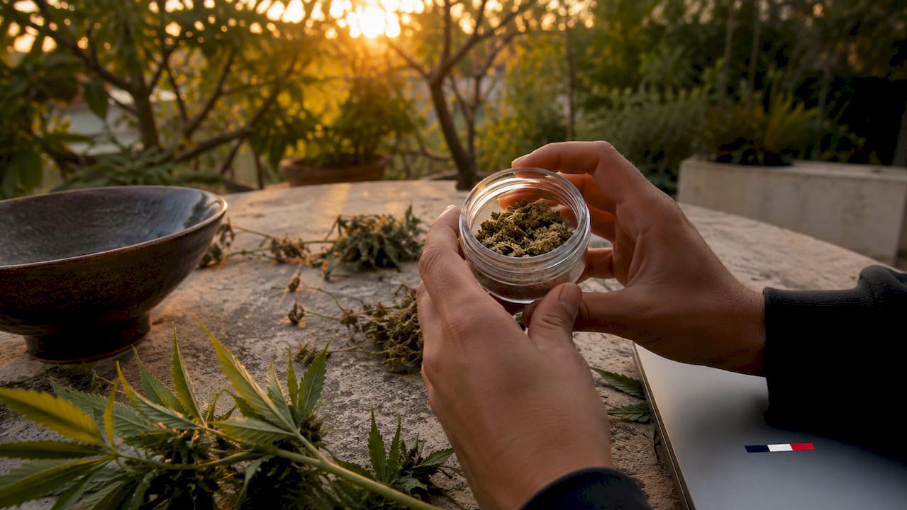 Preiswerte Premium-CBD-Alternativen: Leitfaden 2026 (Teil 2) Wir sehen Hände, die in einem Raum ein mit Cannabisresten gefülltes Glas halten.