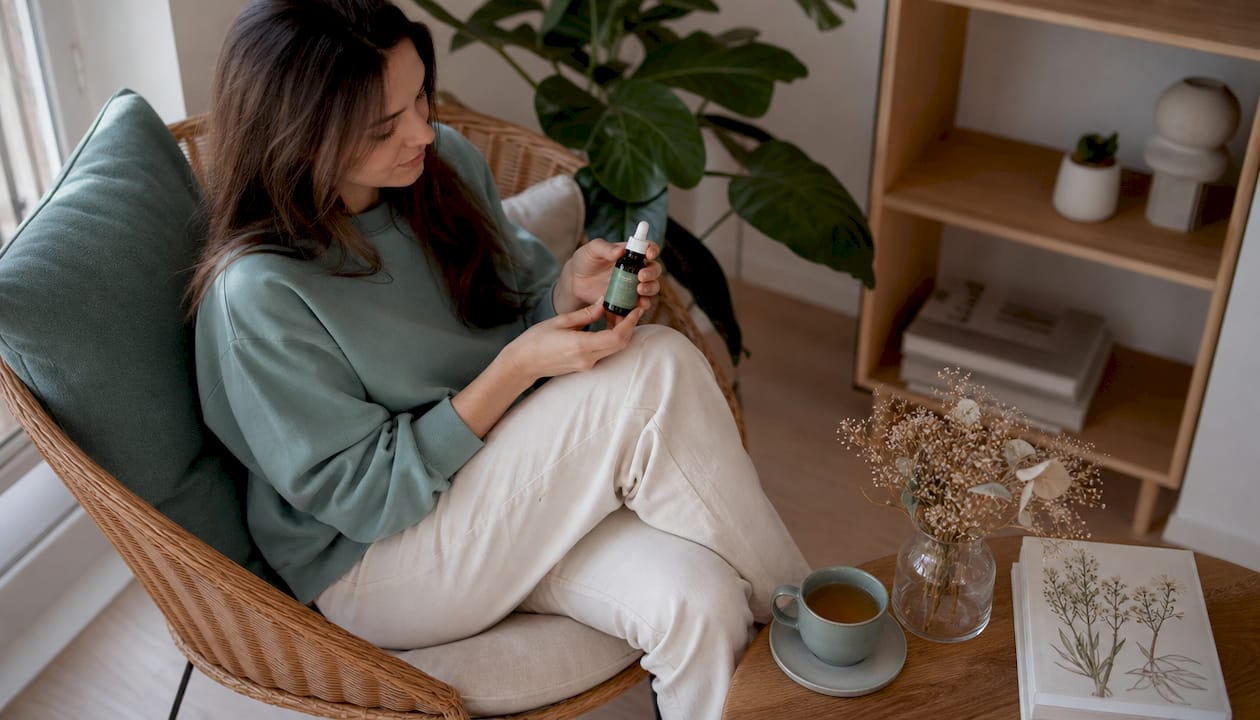 A woman is getting ready to use STV-10 oil at home.