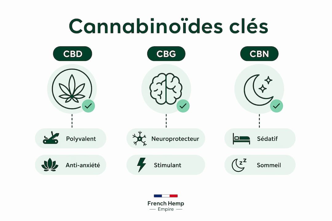 CBG, CBN en CBD: verschillen, effecten en toepassingen 3 Infographic: Overzicht van de belangrijkste effecten van verschillende cannabinoïden