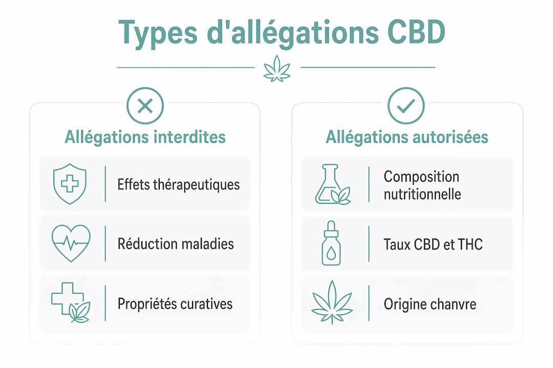 Visuel récapitulatif des mentions autorisées et interdites concernant le CBD