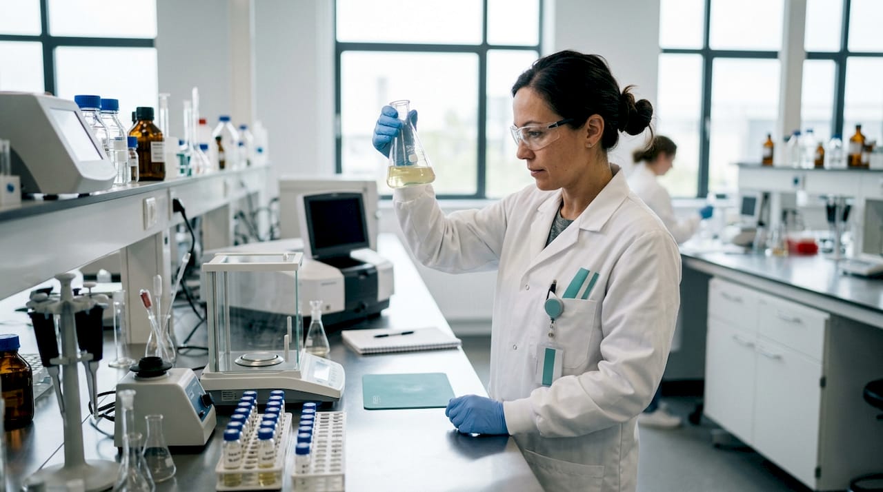 Un chimiste procède à l’analyse d’un échantillon de cannabinoïde de synthèse.
