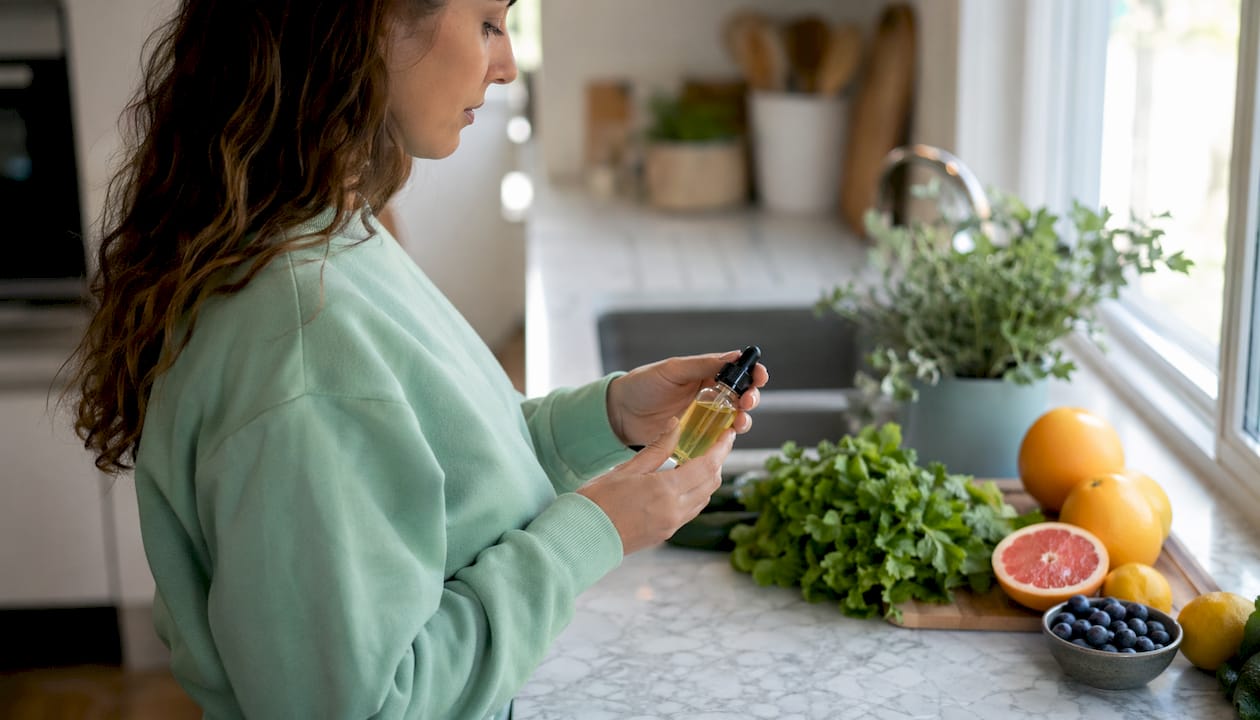 Zoom sur des mains présentant un flacon d’huile de CBD dans une officine