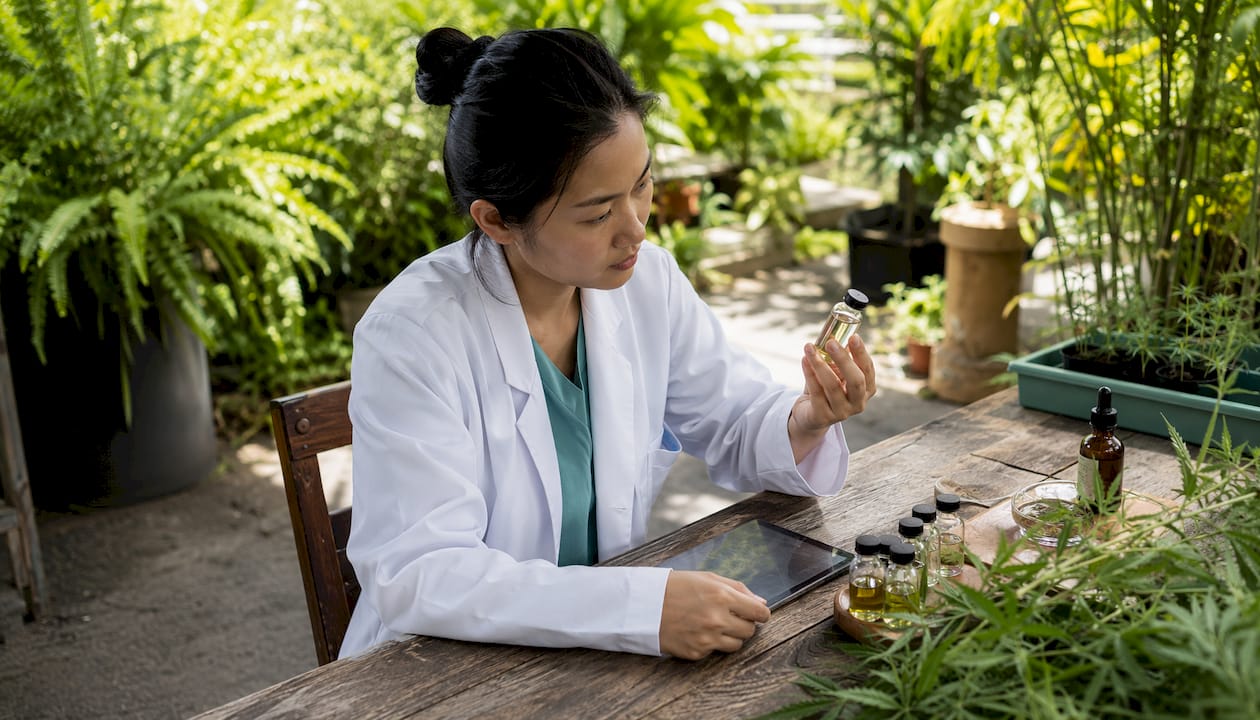 Une technicienne procède à l’analyse d’échantillons de CBD au sein du laboratoire.