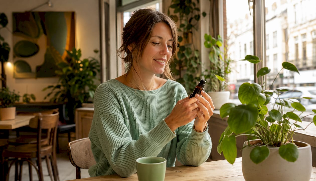 A woman compares different CBD oils before making her choice in store.