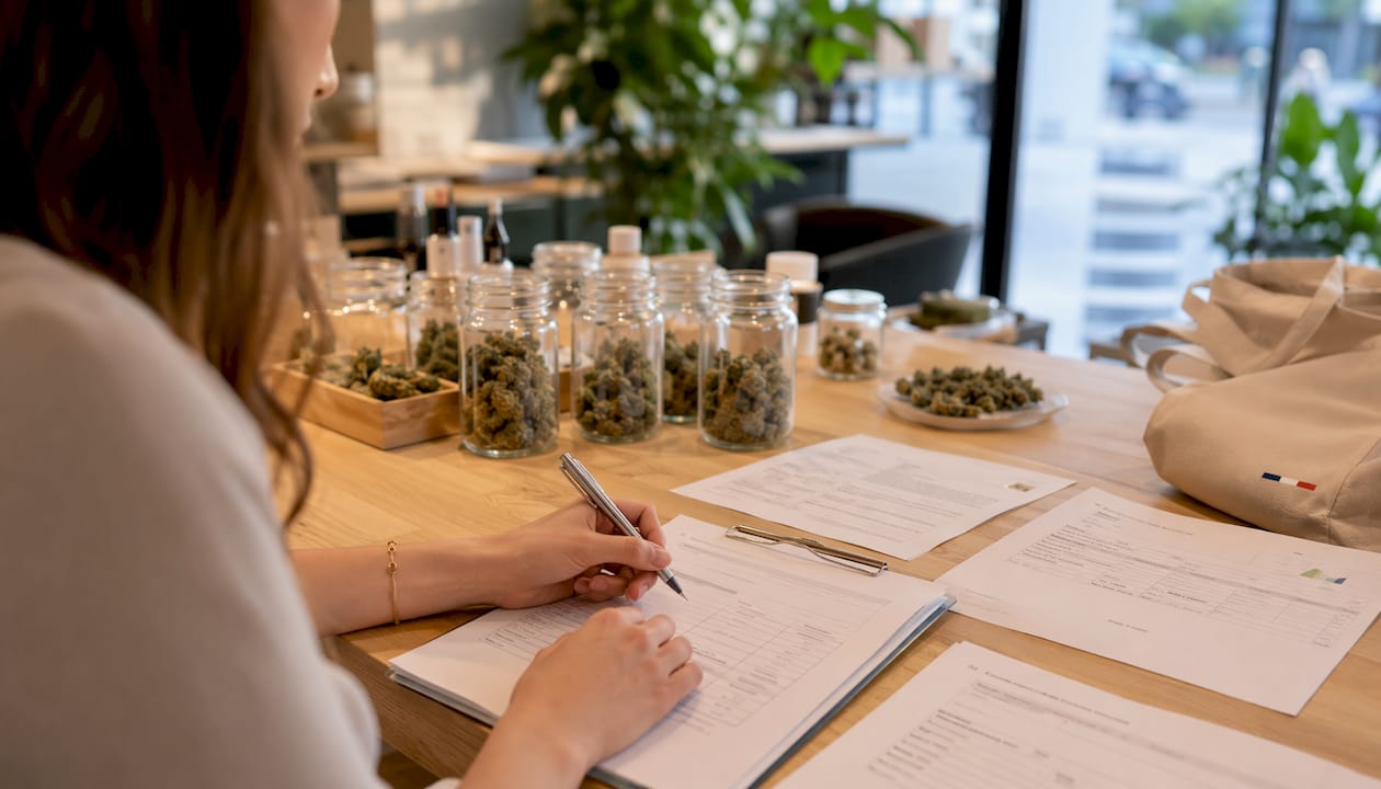 Las mejores alternativas a mychanvre.fr para comprar CBD en Francia 2 Una mano revisa los certificados de calidad junto a las flores de CBD