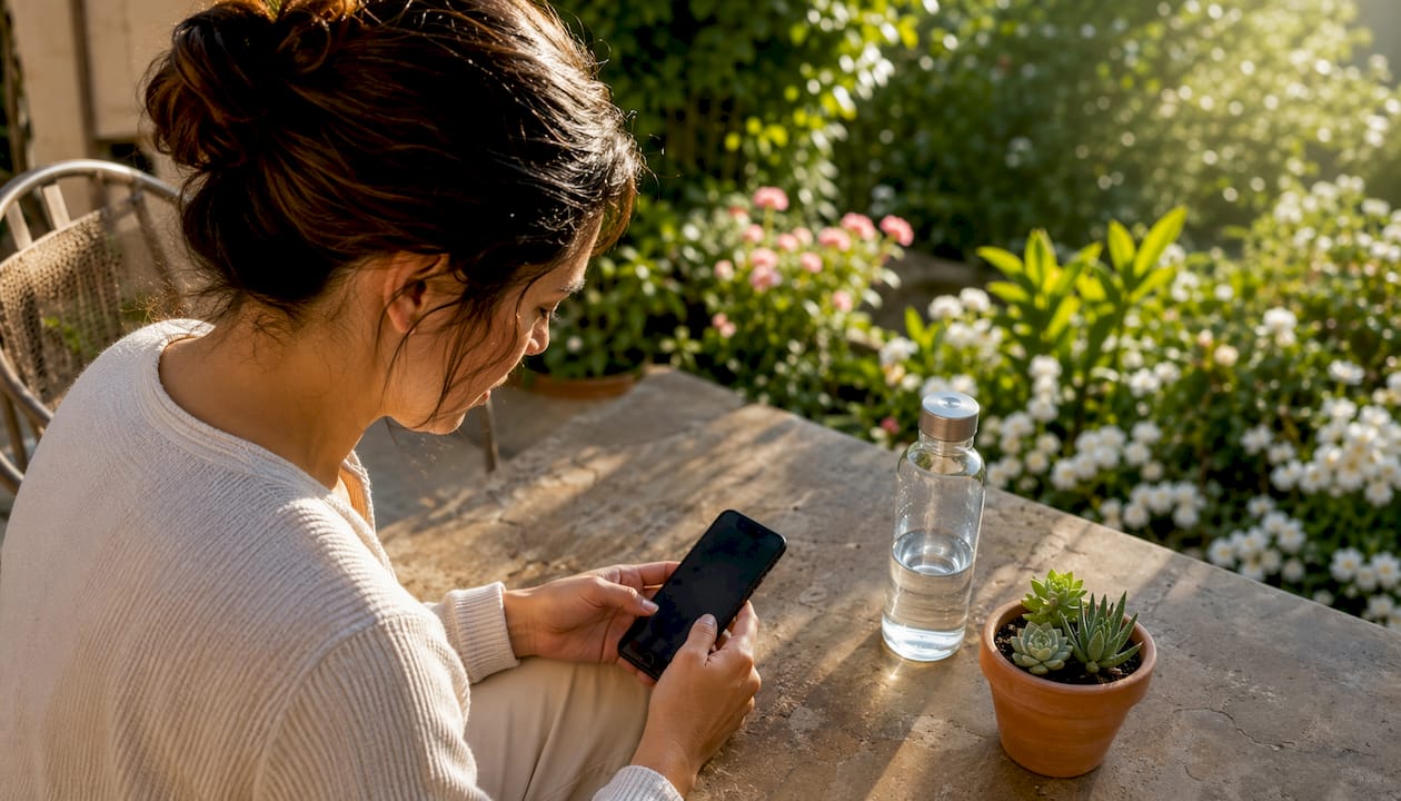 Des mains parcourent une application de suivi d’humeur associée au CBD.