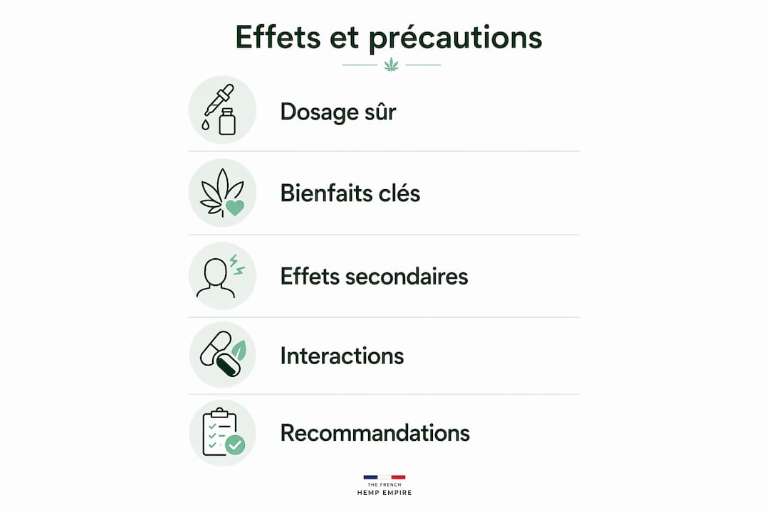 CBD haute concentration : effets, bienfaits et précautions 3 Visuel explicatif sur les effets du CBD et les précautions à prendre