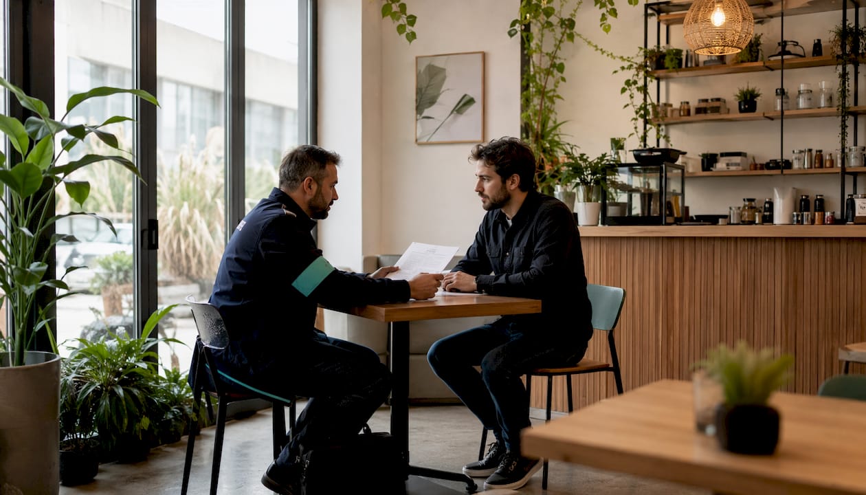 Un agent de la DGCCRF échange avec le gérant d'une boutique de CBD lors d'un contrôle sur place.