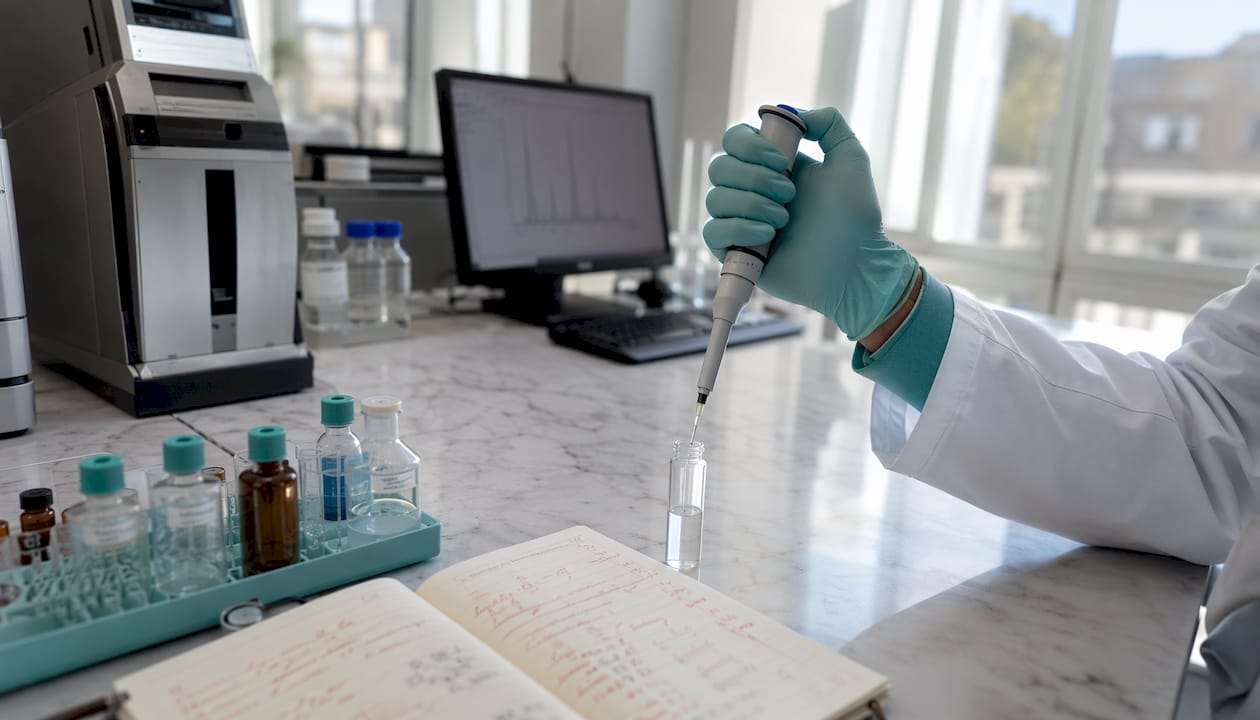 Un technicien équipé de gants prélève un échantillon de CBD en laboratoire.