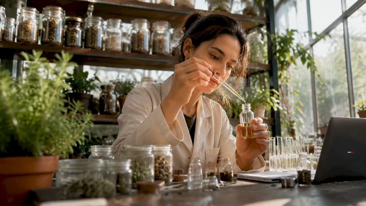 Fleurs de CBD : types, effets différents et guide de choix 2026 3 Un chimiste examine en laboratoire la composition en terpènes d’une huile de CBD.