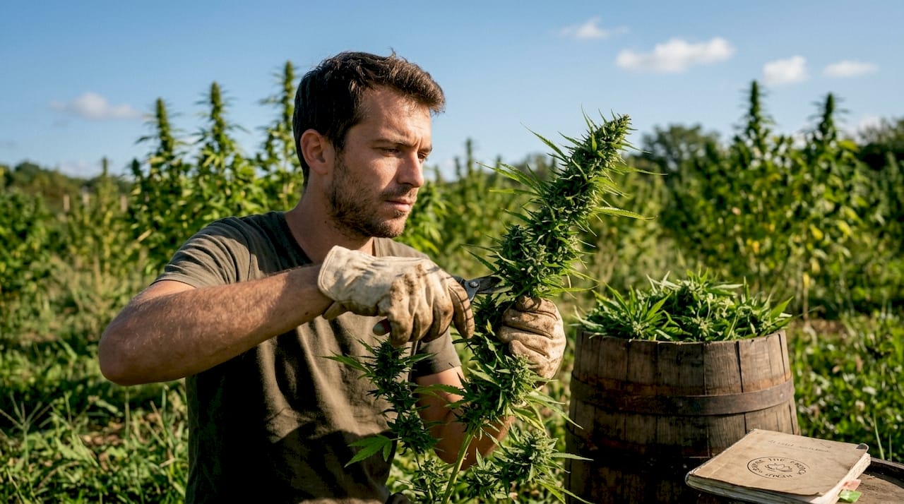 Fleurs de CBD : types, effets différents et guide de choix 2026 2 Des mains expertes s'affairent à tailler des fleurs de CBD Sativa fraîchement récoltées, directement à la ferme.