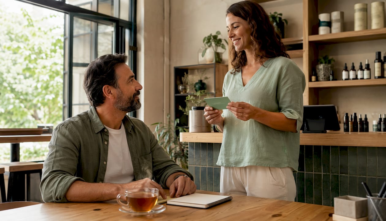 Un client échange avec un conseiller en magasin au sujet du programme de fidélité.