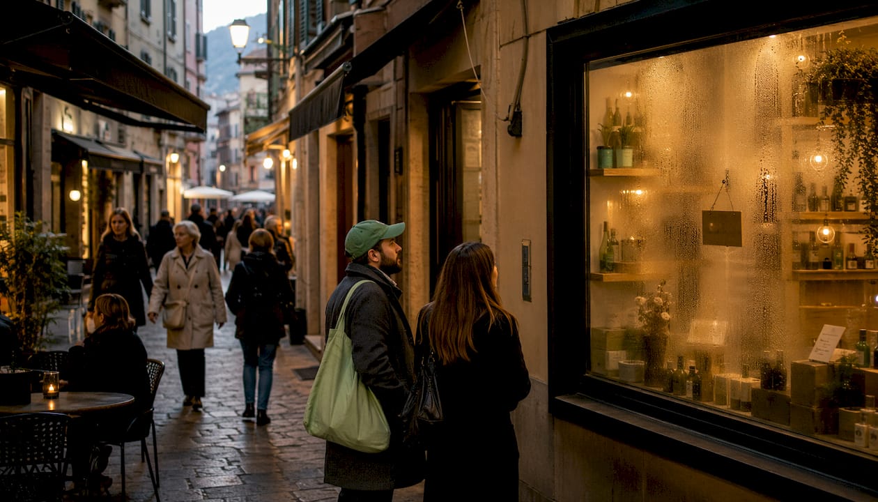 Devanture fermée d’une boutique de CBD italienne en pleine rue passante