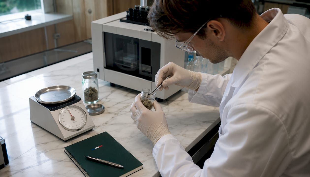 Des mains s'affairent à analyser un extrait de chanvre dans un laboratoire.