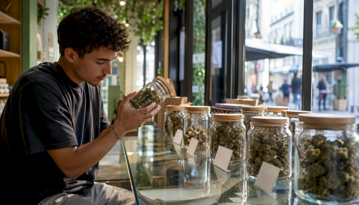 Un homme examine attentivement des fleurs de chanvre CBD en plein air, scrutant leur qualité sous la lumière naturelle.